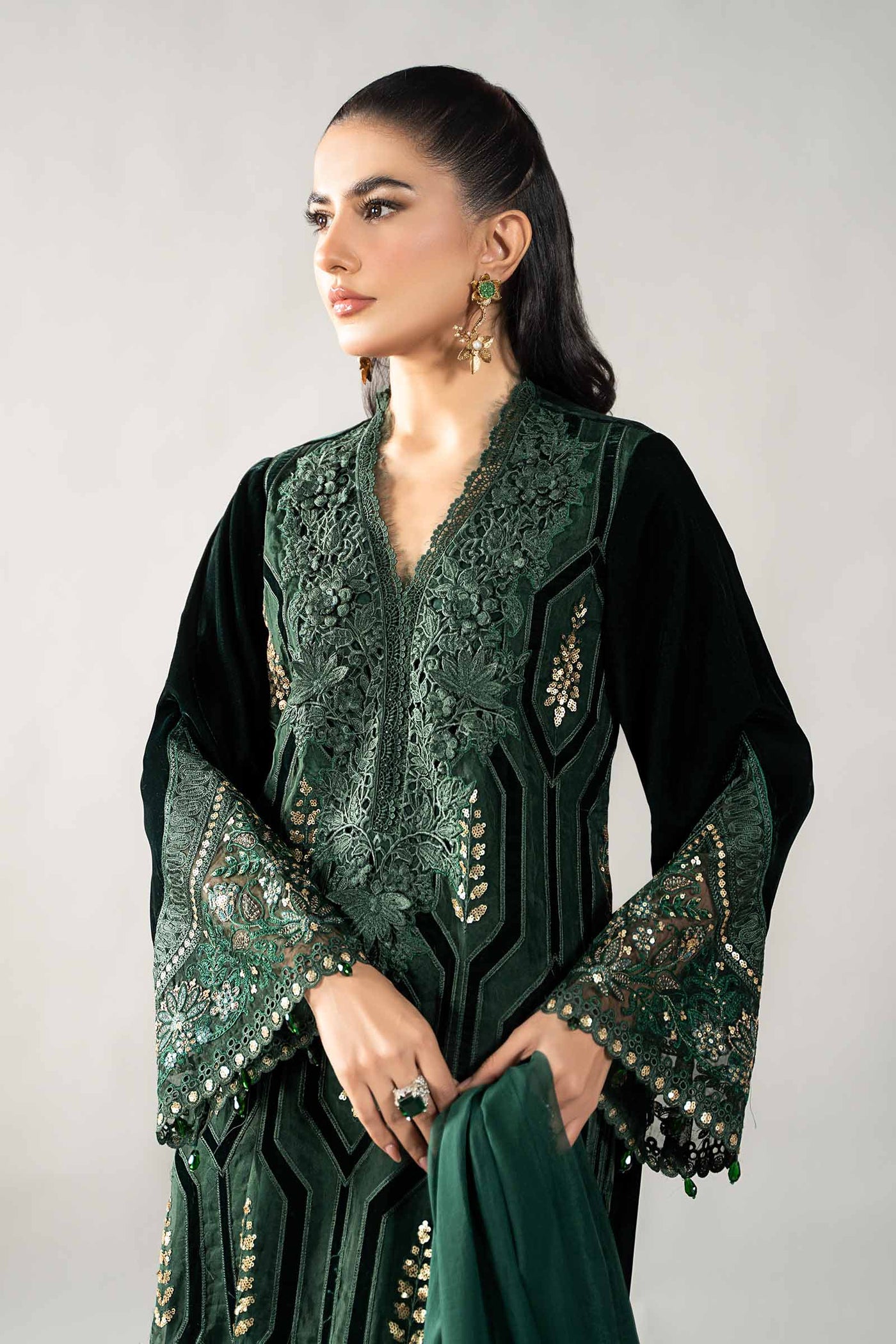 3 Piece Embroidered Velvet Suit | DLS-1212