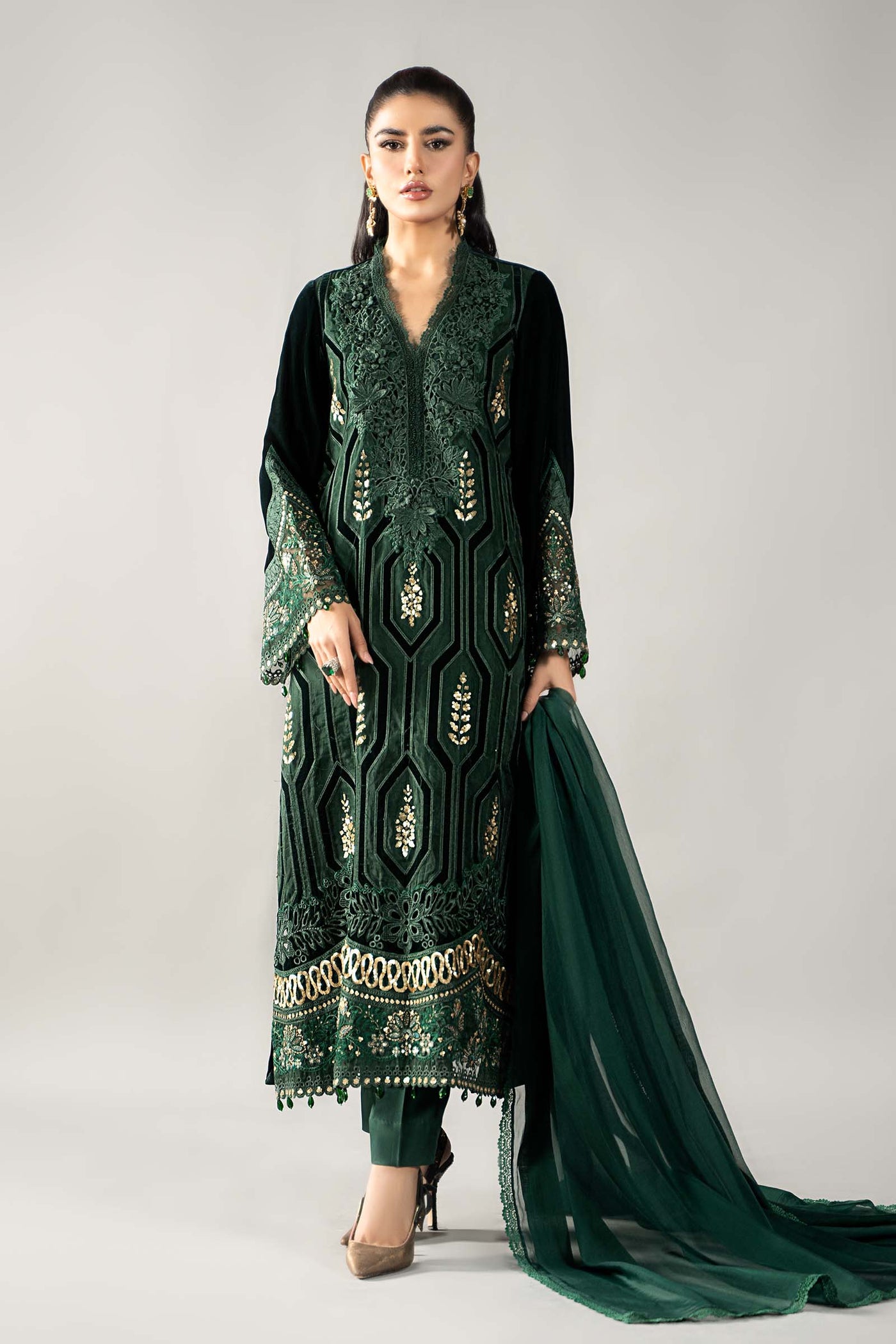 3 Piece Embroidered Velvet Suit | DLS-1212