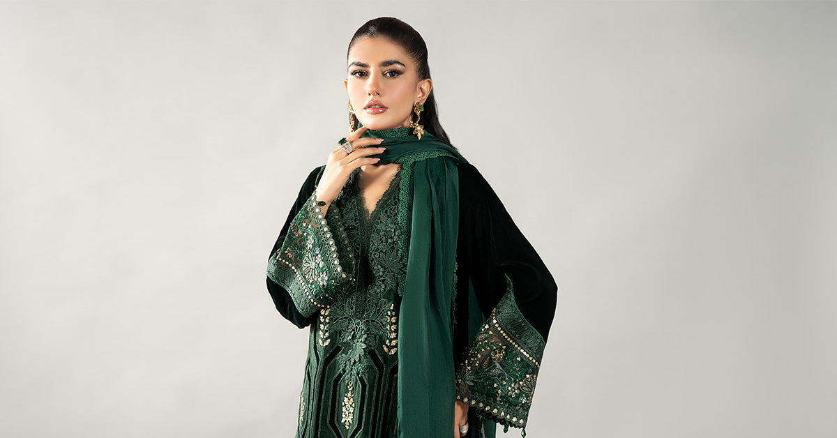 3 Piece Embroidered Velvet Suit | DLS-1212