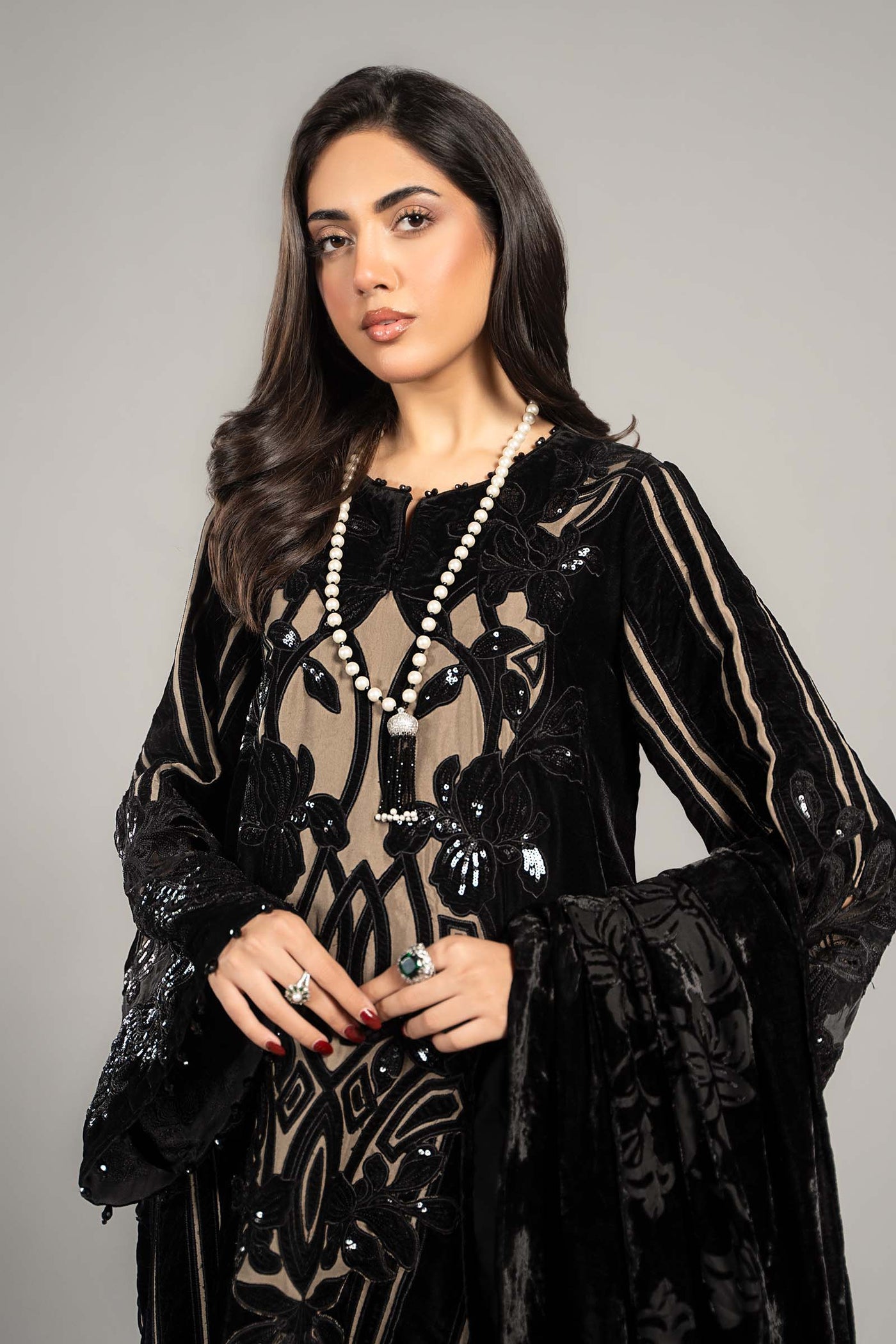 3 Piece Embroidered Velvet Suit | DLS-1205