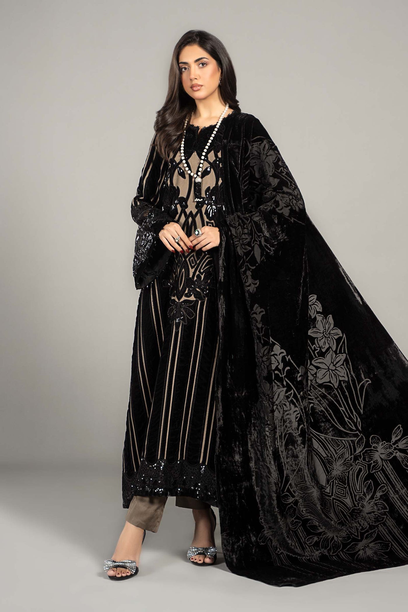 3 Piece Embroidered Velvet Suit | DLS-1205