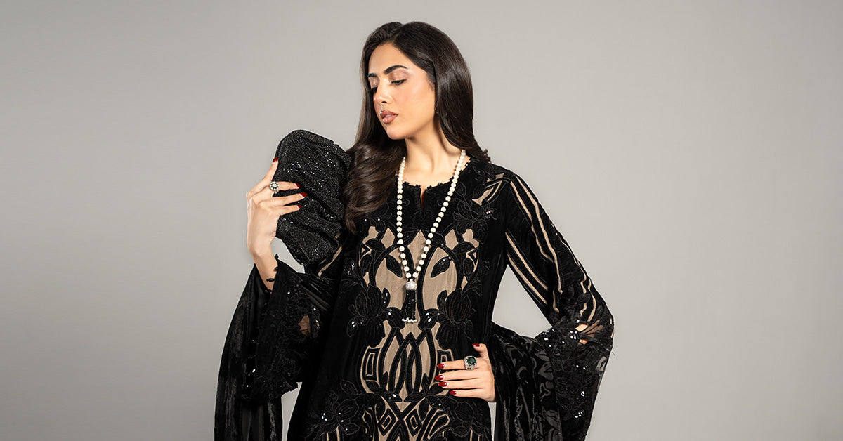 3 Piece Embroidered Velvet Suit | DLS-1205
