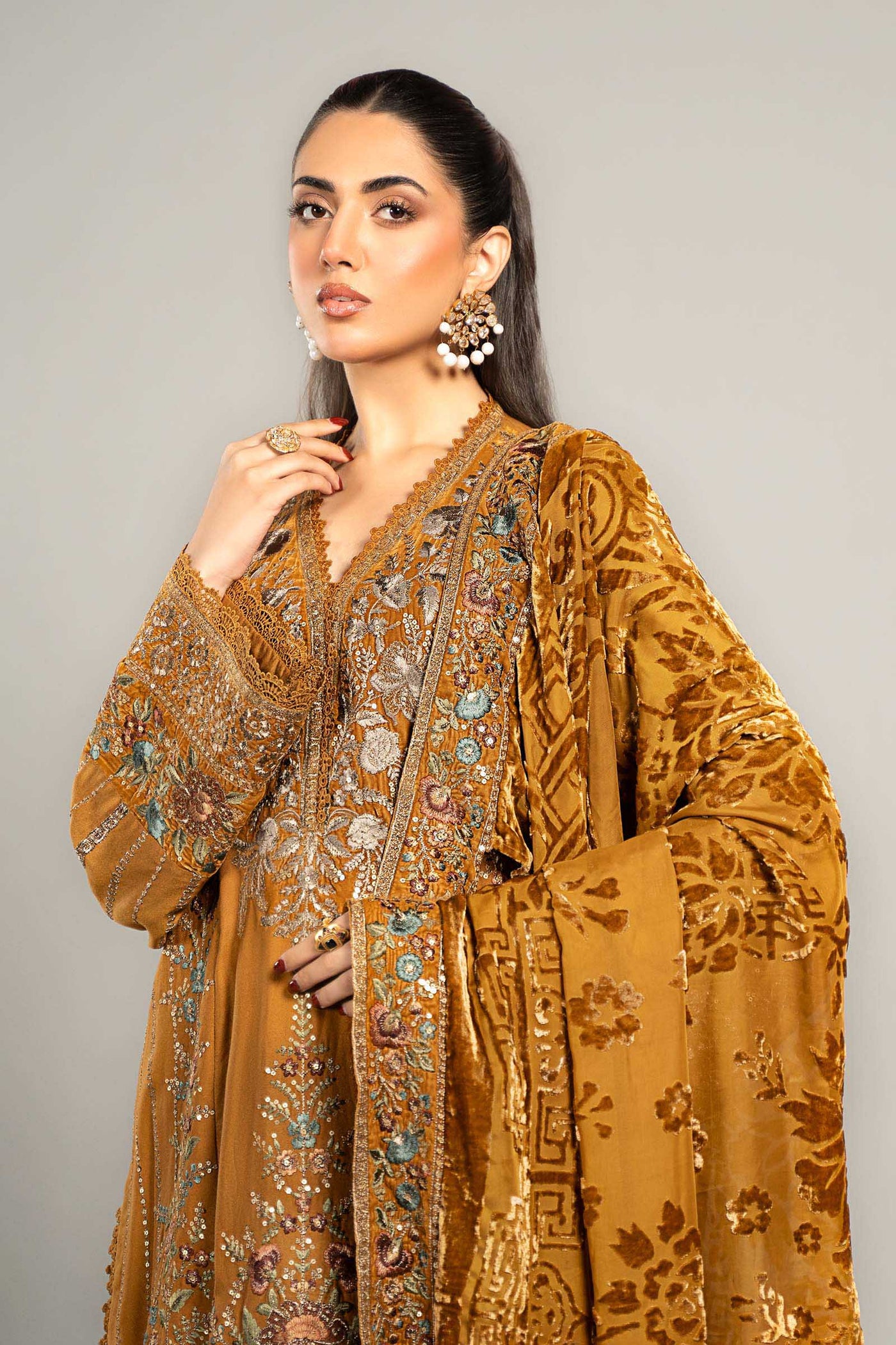 3 Piece Embroidered Twill Linen Suit | DLS-1207