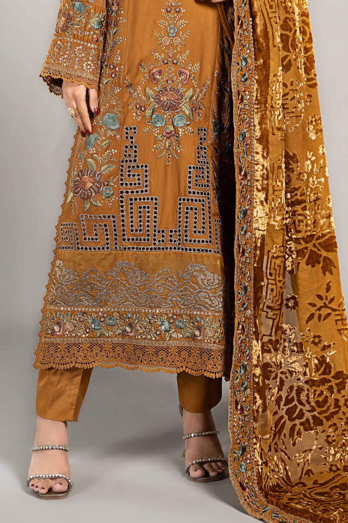 3 Piece Embroidered Twill Linen Suit | DLS-1207
