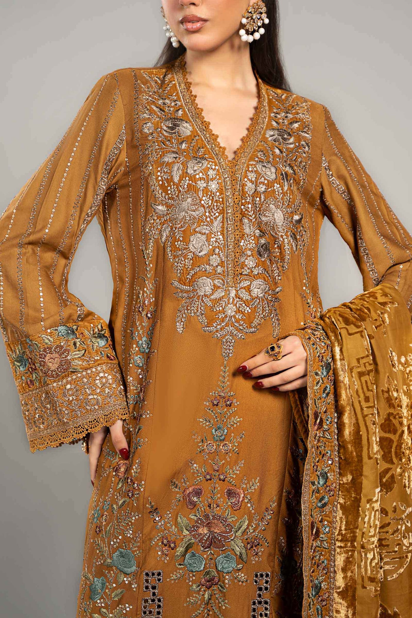 3 Piece Embroidered Twill Linen Suit | DLS-1207