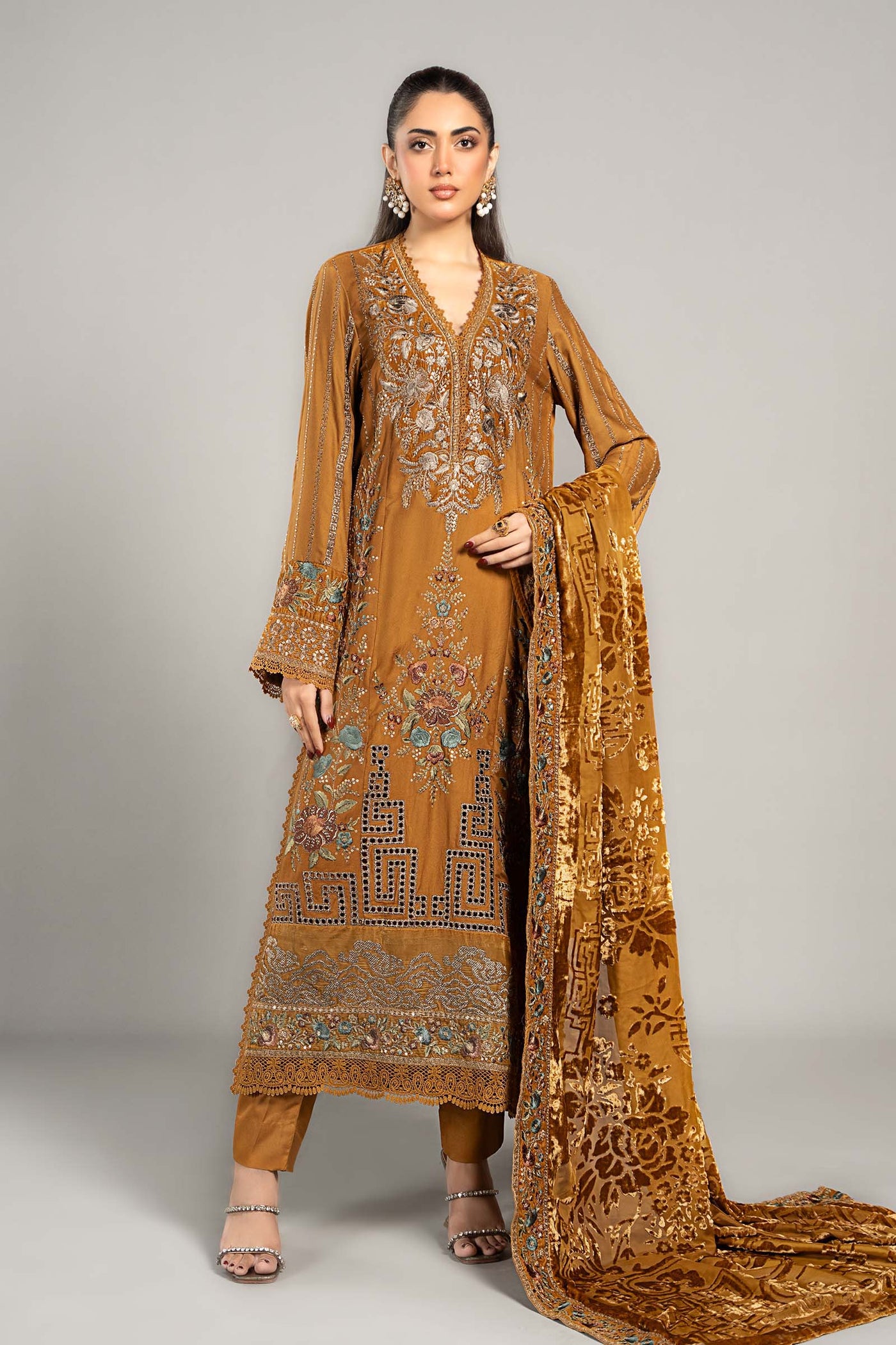3 Piece Embroidered Twill Linen Suit | DLS-1207