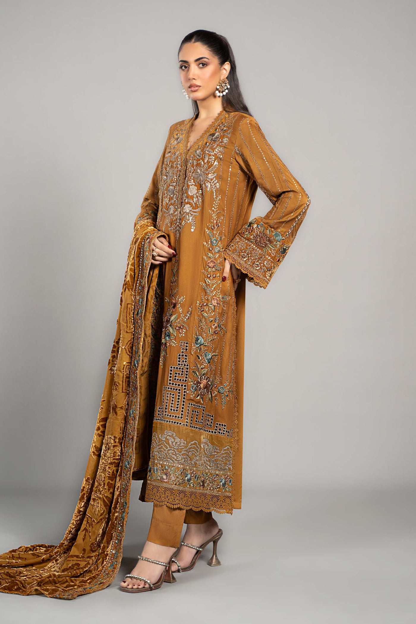3 Piece Embroidered Twill Linen Suit | DLS-1207