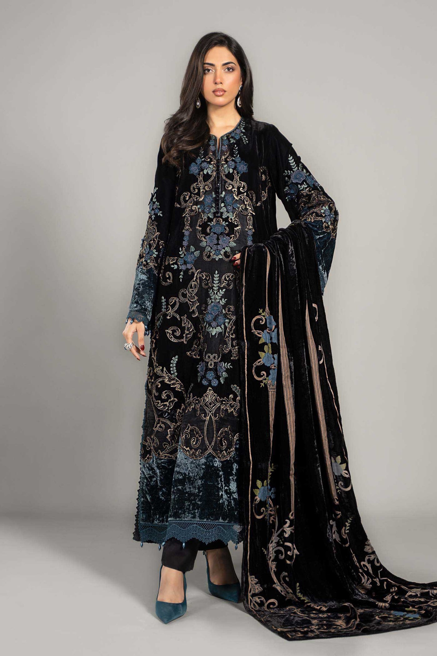 3 Piece Embroidered Velvet Suit | DLS-1208