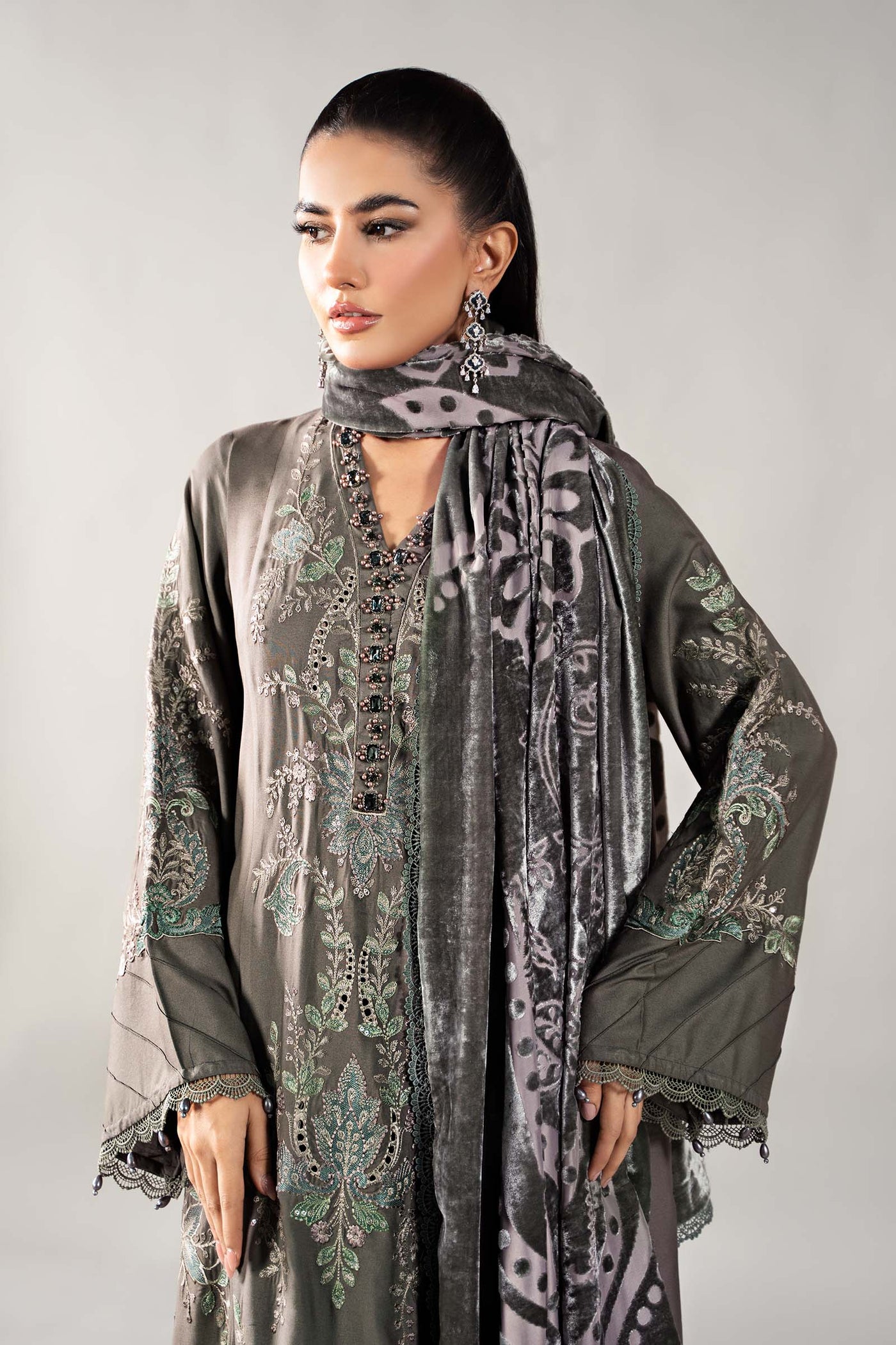 3 Piece Embroidered Linen Suit | DLS-1209