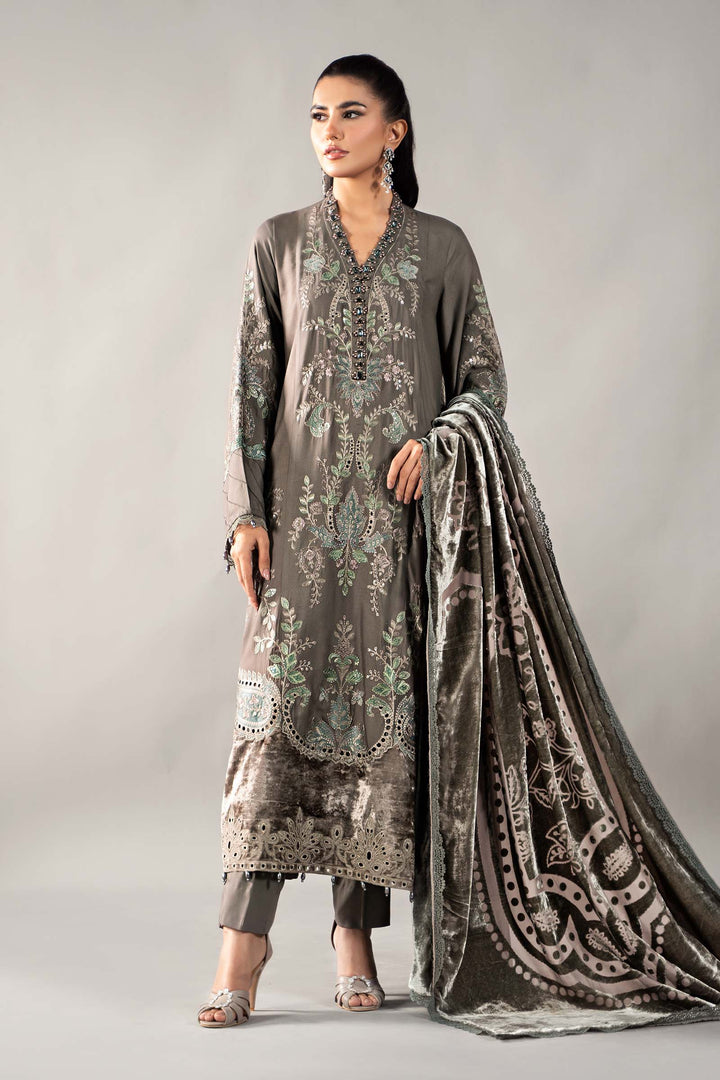 3 Piece Embroidered Linen Suit | DLS-1209 Stitched Linen DLS1209-SML-GRY