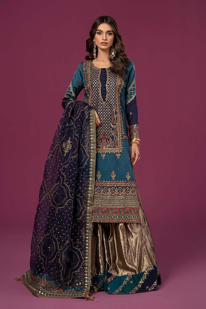 3 Piece Embroidered Raw Silk Suit | SF-EF24-27 Mommy & Me SFF2427-ESM-BLU