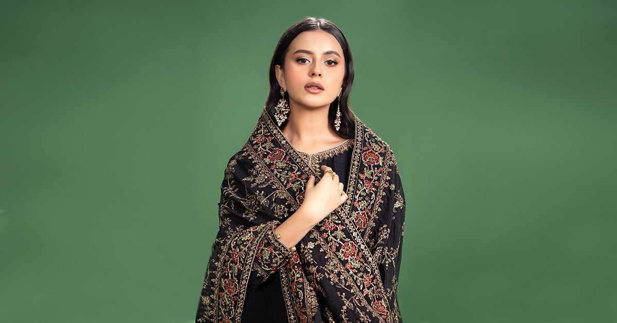 3 Piece Embroidered Raw Silk Suit | SF-W24-20